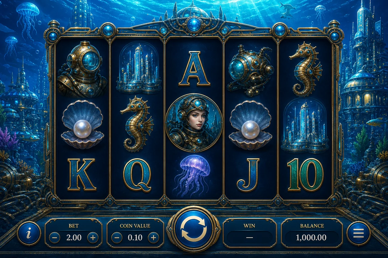 Five-reel futuristic underwater city slot with sapphire towers, diving suits, pearls and mechanical sea horses, detailed mature game illustration with deep navy and cyan