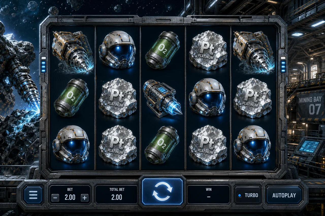 A five-reel space mining slot with detailed asteroid drills, robot helmets, oxygen canisters and platinum ore symbols, concrete sci-fi industrial environment, icy blue highlights